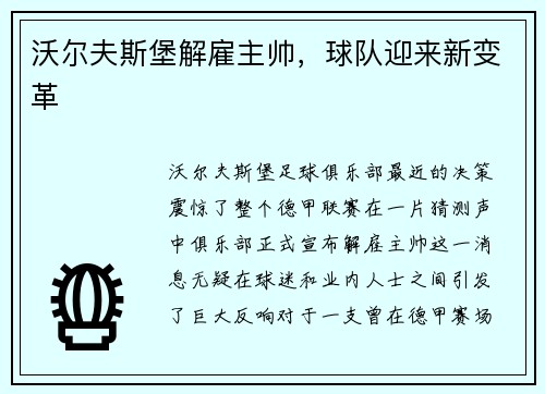 沃尔夫斯堡解雇主帅，球队迎来新变革