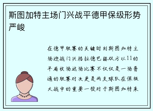 斯图加特主场门兴战平德甲保级形势严峻